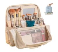 Standing Travel Makeup Bag with Luggage Strap for Women,Multi Compartment Cosmetic Bag with Mirror & Phone Stand,Travel Cosmetic Organiser,Gift for Wife Mom Who Loves to Travel (Beige)