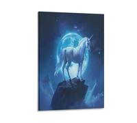 Standing White Unicorn Canvas Wall Art, Moon Rustic Mountain Nature Animal Painting Print on Textured Canvas, Wall Poster Artwork for Living Room Bedroom Office Decor Frame 20x30inch(50x75cm)