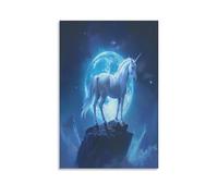 Standing White Unicorn Canvas Wall Art, Moon Rustic Mountain Nature Animal Painting Print on Textured Canvas, Wall Poster Artwork for Living Room Bedroom Office Decor Unframe 08x12inch(20x30cm)