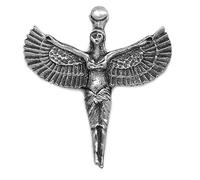 Standing Winged Pewter Isis Egyptian Goddess Pin Badge in Lemon Burlap Pouch