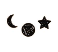 Stands Out, Supplying Outstanding Gifts Pisces Themed Gift Set Collection Of 3 Pin Badges Including A Black Studded Crescent Moon, Pisces Zodiac Star Sign And A Star