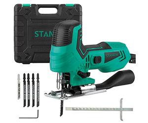 STANEW Electric Jigsaw Tool with Plastic Box, Power Jig Saws Cutting 1000-3000SPM, 6 Adjustable speeds, 4 Orbital Sets, ±45°Bevel Cutting Cut Blades, 5PCS Sawblades for Wood, Metal, Plastic