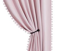 StangH Blackout Curtains for Nursery Girls Room, Pink Pompom Room Darkening Curtain Drapes for Babies, Short Cute Curtains for Kitchen/Small Window, W52 x L63, 2 Panels, Blush Pink
