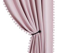 StangH Pink Blackout Curtains 90 inches Long Pompom Subtle Home Decoration for Nursery Kids Light Blocking Privacy Window Panels for Bedroom/School, W52 x L90, 2 Panels
