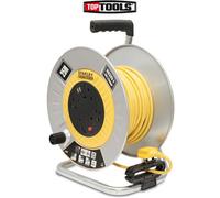 STANLEY 25M Open Metal Drum Cable Reel with Four 240V sockets and Two USB sockets - the Reel is Fitted with an LED Indicator, Overload Protection System and a Safety Reset Button