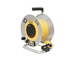 STANLEY 25M Open Metal Drum Cable Reel with Four 240V sockets and Two USB sockets - the Reel is Fitted with an LED Indicator, Overload Protection System and a Safety Reset Button