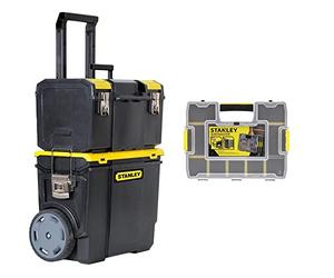 STANLEY 3 in 1 Rolling Work Centre Toolbox with Pull Handle & Sortmaster Stackable Storage Organiser for Tools, Small Parts, Adjustable Compartments, 1-97-483