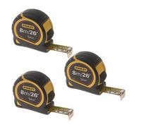 Stanley 3 Pack 8M Tape Measure Bi-Material Tylon Blade 26Ft Sta030656 0-30-656