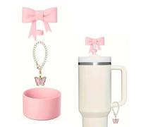 Stanley 30oz & 40oz Cup Accessories - 3 Cute Bow Decorations with Straw Cover, Handle Charm (Pink) - Includes Bow Straw Cover Cap & Silicone Boot