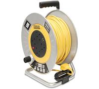 STANLEY 50M Open Metal Drum Cable Reel with Four 240V sockets and Two USB sockets - The Reel is Fitted with an LED Indicator, Overload Protection System and a Safety Reset Button
