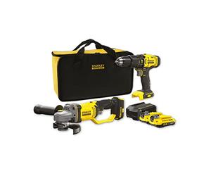Stanley Combo Kit: V20 Li-Ion 18V SFMCD711 Hammer Drill + SFMCG400 Mini Grinder, 2 x 2Ah Lithium-Ion Batteries, 1A Charger, Stanley Bag