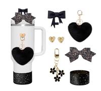 Stanley Cup Accessories for 30/40 oz, 6PCS Stanley Cup Accessories Set, Including Siliocne Cup Boot, Straw Cover, Plush Heart Pendant, Charm Keychain, Bow Decoration, Heart Hook (Black)