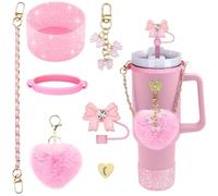 Stanley Cup Accessories for 40oz & 30oz Tumbler,include Bling Bowknot Straw Topper Cover Decoration, Heart Shape Pompom Ball,Leather Water Bottle Handle Strap,Shinning Stanley Cup Boot,Charms (Pink)