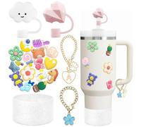 Stanley Cup Accessories Set: 2 Straw Cover Caps for 9-10 mm Straws, 15 3D Stickers, 2 Handle Charms, 1 Bling Silicone Boot Sleeve for 40oz & 30oz Tumbler