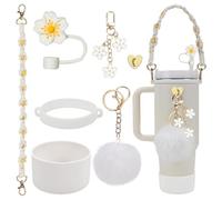 Stanley Cup Accessories Set, 7PCS Stanley Cup Decor Includes Stanley Straw Cover, Water Bottle Handle Strap, Silicone Stanley Cup Boot, Stanley Charms for Stanley Cup 40oz & 30 oz Tumbler (White)
