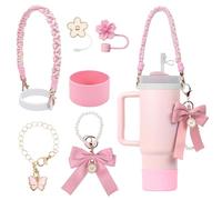 Stanley Cup Accessories Set, 7PCS Stanley Cup Decor Including Stanley Straw Cover, Handle Strap, Silicone Stanley Cup Boot, Bow Keychain Stanley Charms for Stanley Cup 30/40oz Tumbler Pink