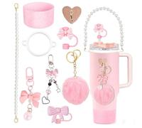 Stanley Cup Accessories Set 9 Pcs Stanley Cup Charms Includes Water Bottle Handle Strap, Shiny Stanley Cup Boot, Siliocne Straw Cover, Stanley Cup Decor for Stanley Cup 40oz & 30oz Tumbler Pink