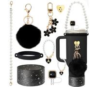 Stanley Cup Accessories Set, Black Shinning Cup Boot, White Pearl Water Bottle Handle Strap & Pearl Straw Cover, Keychain Charms Tumbler Decorations for Stanley Accessories 30oz 40oz (Black)
