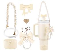 Stanley Cup Accessories Set for 40oz & 30oz,0.4in Silicone Straw Cover, Cute Charm,Handle Strap,Cup Ring,Plush Pendant,Stanley Boot,Heart Buttons for Tumbler (White)