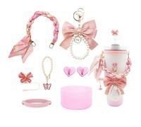 Stanley Cup Accessories set for 40oz & 30oz Tumbler including Water Bottle Handle Strap、Bow Keychain、Cup Ring、Bling Silicone Boots、butterfly Straw Topper、Charm Accessories for Stanley (Pink)