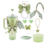Stanley Cup Accessories Set for 40oz & 30oz Tumbler including Water Bottle Handle Strap、Bow Keychain、Cup Ring、Bling Silicone Boots、Butterfly Straw Topper、Charm Chain Accessories for Tumbler(Green)