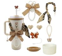 Stanley Cup Accessories Set for 40oz & 30oz Tumbler including Water Bottle Handle Strap、Bow Keychain、Cup Ring、Bling Silicone Boots、Butterfly Straw Topper、Charm Chain Accessories for Tumbler(Brown)