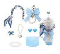 Stanley Cup Accessories set for 40oz & 30oz Tumbler including Water Bottle Handle Strap、Bow Keychain、Cup Ring、Bling Silicone Boots、butterfly Straw Topper、Charm Accessories for Stanley (Blue)