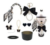 Stanley Cup Accessories set for 40oz & 30oz Tumbler including Water Bottle Handle Strap、Bow Keychain、Cup Ring、Bling Silicone Boots、butterfly Straw Topper、Charm Accessories for Stanley (Black)