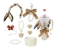 Stanley Cup Accessories set for 40oz & 30oz Tumbler including Water Bottle Handle Strap、Bow Keychain、Cup Ring、Bling Silicone Boots、butterfly Straw Topper、Charm Accessories for Stanley (brown)