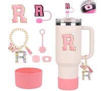 Stanley Cup Accessories Set for Stanley Cup 30oz 40oz, Stanley Tumbler Accessories Including Silicone Straw Cover Cap and Boot, Spill Proof Stopper, Cute Letter Keychain Handle Charm, Sticker (R)