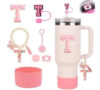 Stanley Cup Accessories Set for Stanley Cup 30oz 40oz, Stanley Tumbler Accessories Including Silicone Straw Cover Cap and Boot, Spill Proof Stopper, Cute Letter Keychain Handle Charm, Sticker (T)