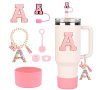Stanley Cup Accessories Set for Stanley Cup 30oz 40oz, Stanley Tumbler Accessories Including Silicone Straw Cover Cap and Boot, Spill Proof Stopper, Cute Letter Keychain Handle Charm, Sticker (A-Pink)