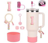 Stanley Cup Accessories Set for Stanley Cup 30oz 40oz, Stanley Tumbler Accessories Including Silicone Straw Cover Cap and Boot, Spill Proof Stopper, Cute Letter Keychain Handle Charm, Sticker (I)