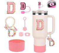 Stanley Cup Accessories Set for Stanley Cup 30oz 40oz, Stanley Tumbler Accessories Including Silicone Straw Cover Cap and Boot, Spill Proof Stopper, Cute Letter Keychain Handle Charm, Sticker (D)
