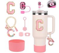 Stanley Cup Accessories Set for Stanley Cup 30oz 40oz, Stanley Tumbler Accessories Including Silicone Straw Cover Cap and Boot, Spill Proof Stopper, Cute Letter Keychain Handle Charm, Sticker (C)
