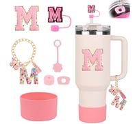 Stanley Cup Accessories Set for Stanley Cup 30oz 40oz, Stanley Tumbler Accessories Including Silicone Straw Cover Cap and Boot, Spill Proof Stopper, Cute Letter Keychain Handle Charm, Sticker (M)