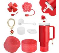 Stanley Cup Accessories Set, Includes 2 x 0.35" Straw Sleeves, 1 Set of Spill Proof Silicone Stoppers, 1 x Cute Rose Handle Charm, 1 x Silicone Tumbler Boot
