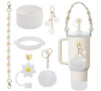 Stanley Cup Accessories Set Including 1 Pcs Water Bottle Handle Strap, 1 Pcs Siliocne Stanley Cup Boot, 1 Pcs Siliocne Straw Cover, 2 Pcs Stanley Charms for Stanley Cup 40oz & 30oz Tumbler (White)…