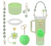 Stanley Cup Accessories Set Including 1 Pcs Water Bottle Handle Strap, 1 Pcs Siliocne Stanley Cup Boot, 1 Pcs Siliocne Straw Cover, 2 Pcs Stanley Charms for Stanley Cup 40oz & 30oz Tumbler (Green)…
