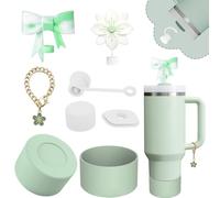 Stanley Cup Accessories Set,Including 2 Pcs 0.4in Straw Cover, 1 Silicone Spill-Proof Stopper Set of 3, 1 Cute Flowers Handle Charm, 1 Silicone Boot Fits Stanley 40&30 Oz Tumbler (Matcha Cream)