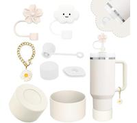 Stanley Cup Accessories Set,Including 2 Pcs 0.4in Straw Cover, 1 Silicone Spill-Proof Stopper Set of 3, 1 Cute Flower Handle Charm, 1 Silicone Boot Fits Stanley 40&30 Oz Tumbler (Cream)