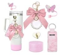 Stanley Cup Accessories Set, Including Bow Pearl Chain Tumbler Handle Strap, Butterfly Straw Cap, Lipstick Holder and Silicone Boot for Stanley Cup 40oz & 30oz (Pink)