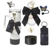 Stanley Cup Accessories Set, Including Bow Pearl Chain Tumbler Handle Strap, Butterfly Straw Cap, Lipstick Holder and Silicone Boot for Stanley Cup 40oz & 30oz (Black)