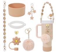 Stanley Cup Accessories Set Including Water Bottle Handle Strap, Siliocne Stanley Cup Boot, Siliocne Straw Cover, Stanley Charms for 40oz & 30oz Tumbler (Almond Rose)