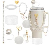 Stanley Cup Accessories Set, Shinning Cup Boot, White Pearl Water Bottle Handle Strap & Pearl Straw Cover, Keychain Charms Tumbler Decorations for Stanley Accessories 30oz 40oz (7pcs White Pearl)