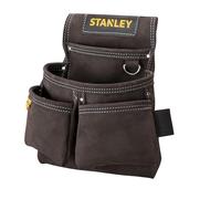 STANLEY Leather Tool Belt Pouch, Double Pocket Organiser for Tools and for Small Parts, STST1-80116 , Black