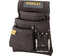 STANLEY Leather Tool Pouch, Double Pocket Storage Organiser, Hammer Loop, STST1-80114, Dark Brown