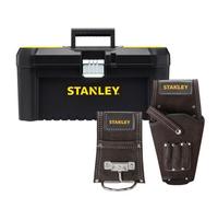 Stanley Tool Storage & Belt Kit - 16" Toolbox With Organiser Top, Leather Hammer Holder Loop & Drill Holster Pouch