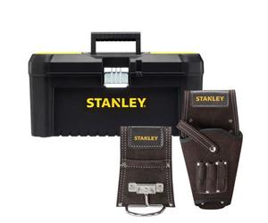 Stanley Tool Storage & Belt Kit - 16" Toolbox With Organiser Top, Leather Hammer Holder Loop & Drill Holster Pouch