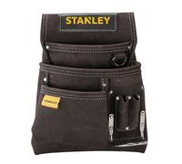 STANLEY Leather Tool Pouch, Double Pocket Storage Organiser, Hammer Loop, STST1-80114 Dark Brown One Size